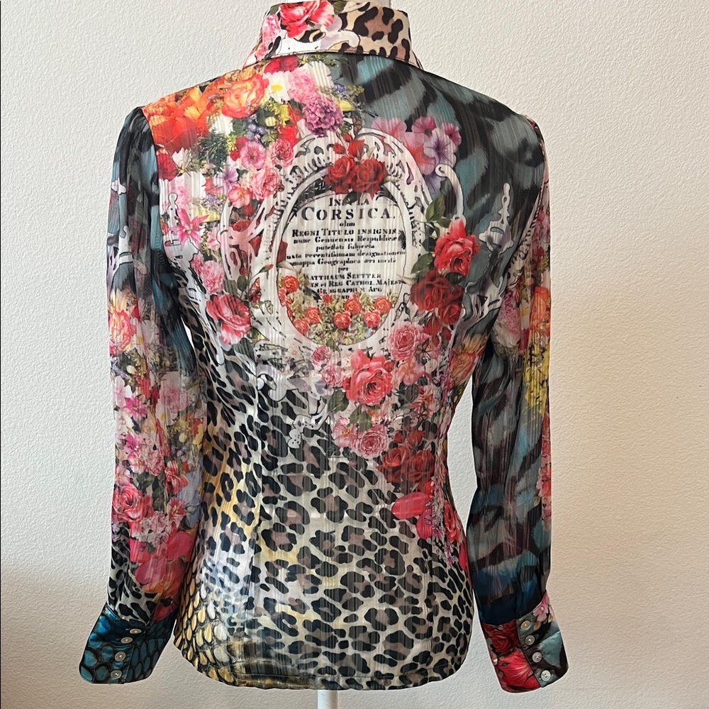 XS Women's Silk Sheer Floral & Leopard Print Button-Down Shirt in Multi-Color - Picture 4 of 15